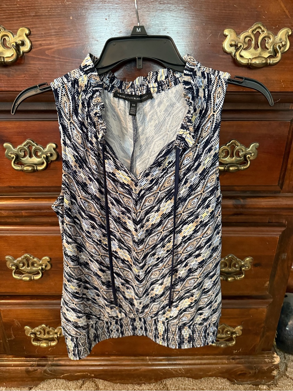 White House Black Market Navy, White & Cream Sleeveless V-Neck Tie-Detail Top